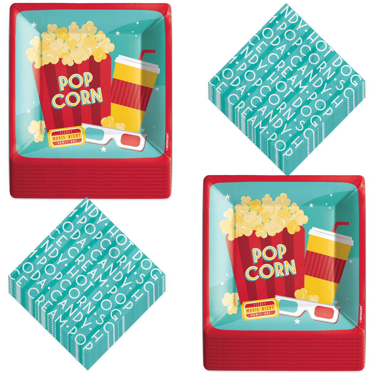 Movie Night Snack Bar Theater Popcorn Square Paper Dessert Plates And 