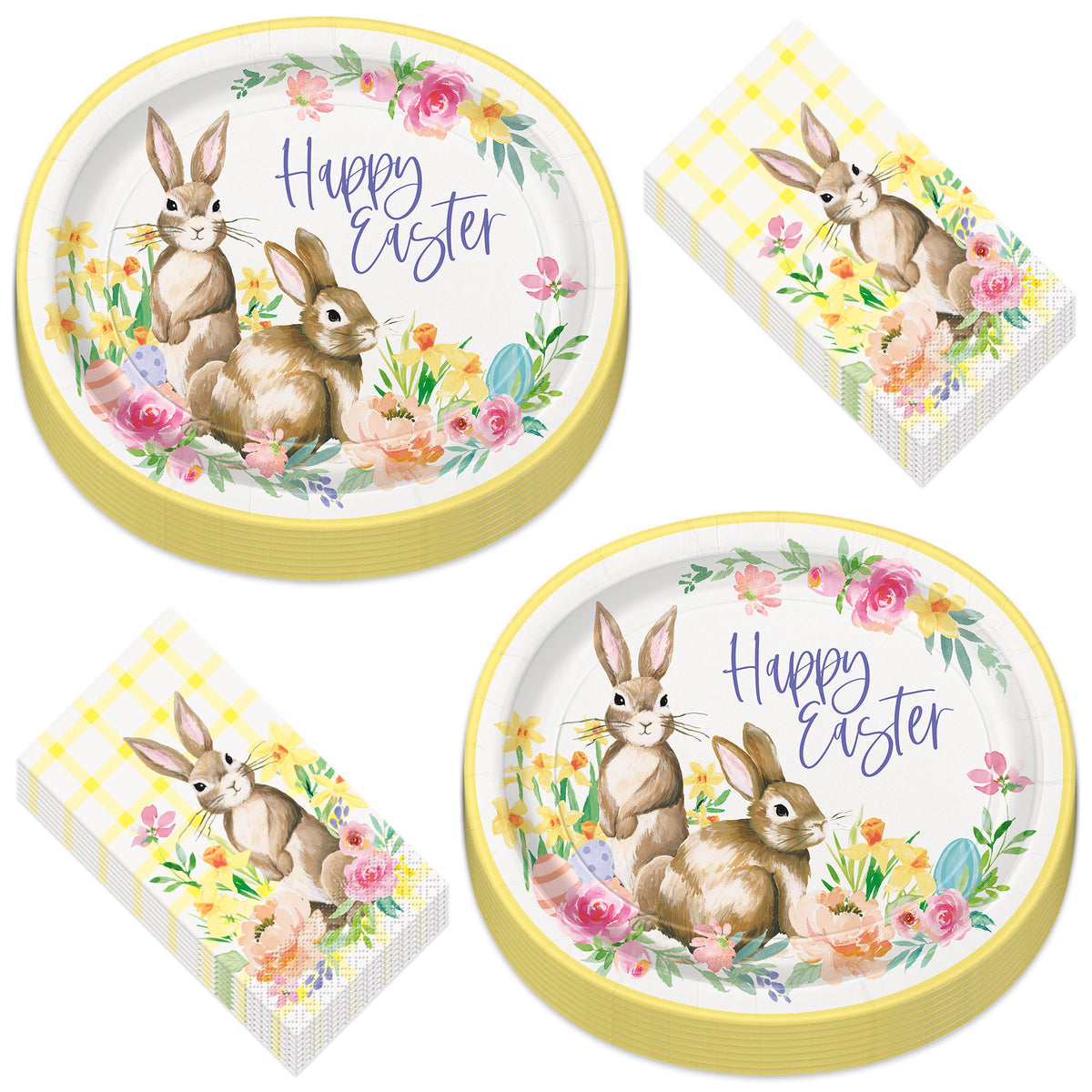 Classic Easter Bunny Yellow Plaid and Floral Oval Paper Dinner Plates