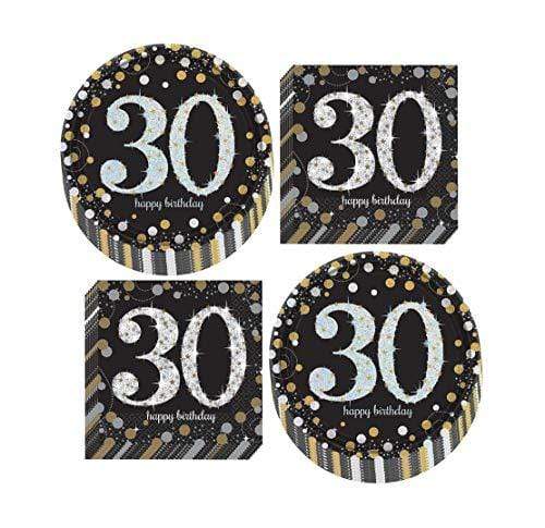 30th Birthday Metallic Silver and Gold Dot  Dessert Plates and Luncheon Napkins party supplies