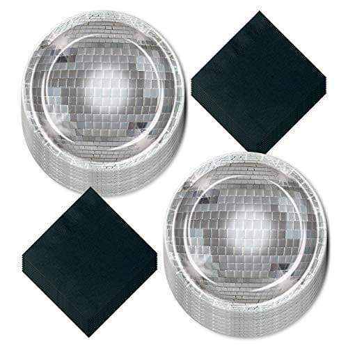 70s Disco Party Supplies - Silver Disco Ball Paper Dinner Plates with Mutli-Color Disco Lunch Napkins (Serves 16) party supplies