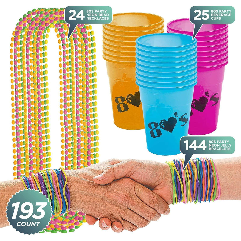 80's Party Favors - Plastic Beverage Cups, Neon Bead Necklaces, and Jelly Bracelets for 24 Guests party supplies