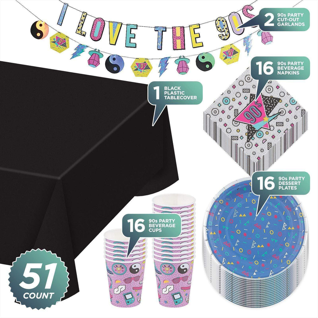 90's Party Pack - Throwback Theme Paper Dessert Plates, Beverage Napkins, Cups, Table Cover, and Hanging Garland Set (Serves16) party supplies