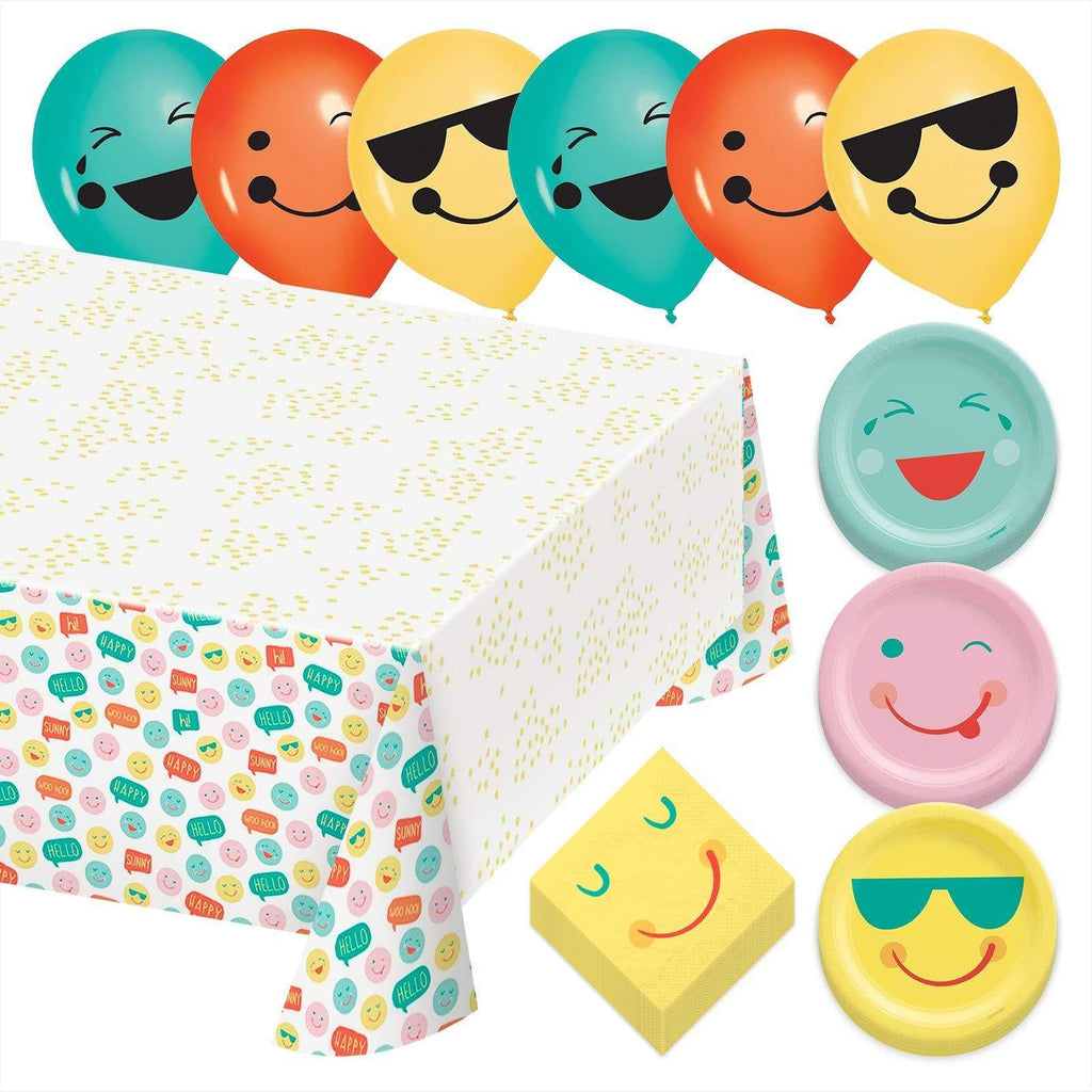 All Smiles Retro Emoji Party Pack - Paper Dessert Plates, Napkins, Table Cover, and Ballooon Set (Serves 16) party supplies