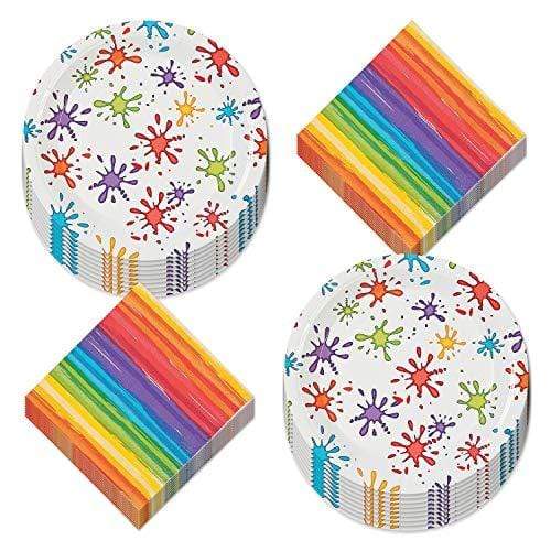 Art Party Supplies - Paint Splatter Paper Dinner Plates and Striped Luncheon Napkins (Serves 16) party supplies