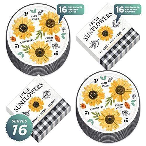 Black and White Buffalo Plaid & Sunflower Fall Harvest Paper Dessert Plates and Beverage Napkins (Serves 16) party supplies