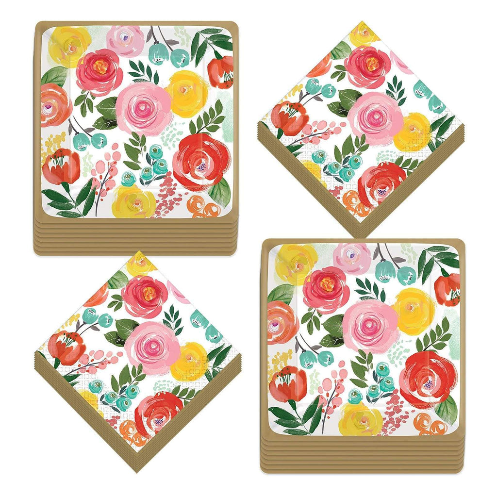 Bright Floral Gold Trim Square Paper Dinner Plates and Luncheon Napkins (Serves 16) party supplies