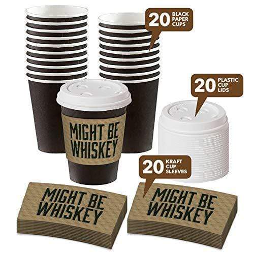 Disposable Coffee or Hot Chocolate Cups - Black Cups, Lids, and Might Be Whiskey Kraft Sleeves, 12 Ounce - 20 Count party supplies