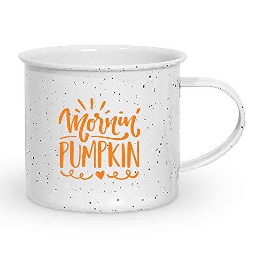 Fall Camping Coffee Mug Gift - on Large Lightweight Enamel Coated Tin Mug - Mornin' Pumpkin (16 Ounce - White Speckled) party supplies