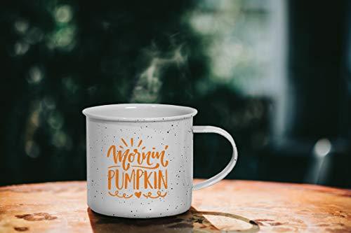 Fall Camping Coffee Mug Gift - on Large Lightweight Enamel Coated Tin Mug - Mornin' Pumpkin (16 Ounce - White Speckled) party supplies