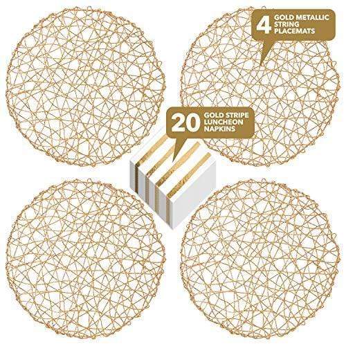 Gold Metallic String Round 15" Charger Placemats (Set of 4) with Gold Striped White Napkins (16 Count) party supplies
