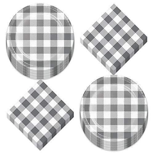 Gray Buffalo Plaid Party Supplies - Gray and White Checkered Gingham Paper Dessert Plates and Beverage Napkins (Serves 16) party supplies