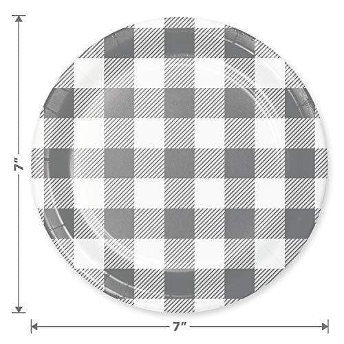 Gray Buffalo Plaid Party Supplies - Gray and White Checkered Gingham Paper Dessert Plates and Beverage Napkins (Serves 16) party supplies