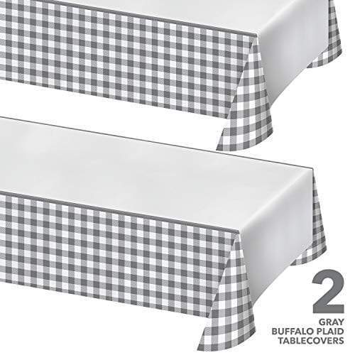 Gray Buffalo Plaid Party Supplies - Gray and White Checkered Gingham Paper Table Cover, 54" x 102" (2 Pack) party supplies