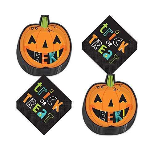 Halloween Party Supplies - Large Pumpkin Shaped Paper Dinner Plates & Trick or Treat Lunch Napkins (Set of 16) party supplies