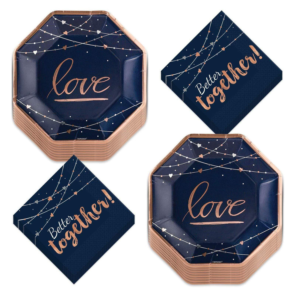 Navy & Metallic Rose Gold Bridal Hexagon Paper Dinner Plates and Luncheon Napkins (Serves 16) party supplies