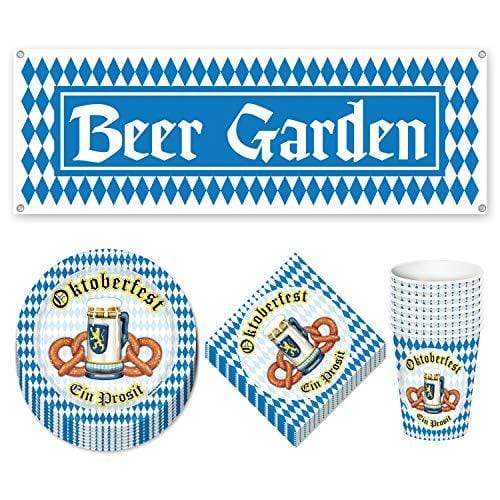 Oktoberfest Party Pack - Pretzel Plates, Napkins, Beverage Cups with Beer Garden Sign Banner (Serves 8) party supplies