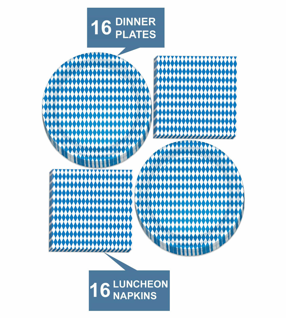 Oktoberfest Party Supplies - Blue and White Checkered Paper Dinner Plates and Luncheon Napkins (Serves 16) party supplies