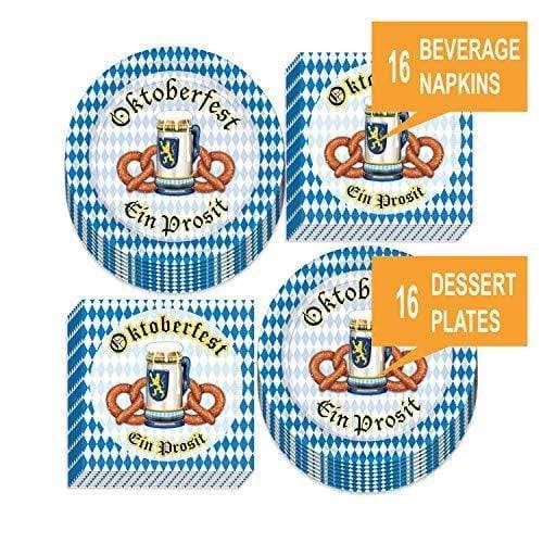 Oktoberfest Party Supplies - Blue and White Checkered Pretzel Paper Dessert Plates and Beverage Napkins (Serves 16) party supplies