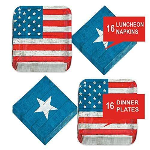 Patriotic Party Supplies for 4th of July, Memorial Day, and Veteran's Day (Rustic America Patriotic Party US Flag Stripe Paper Dinner Plates and Star Luncheon Napkins) party supplies