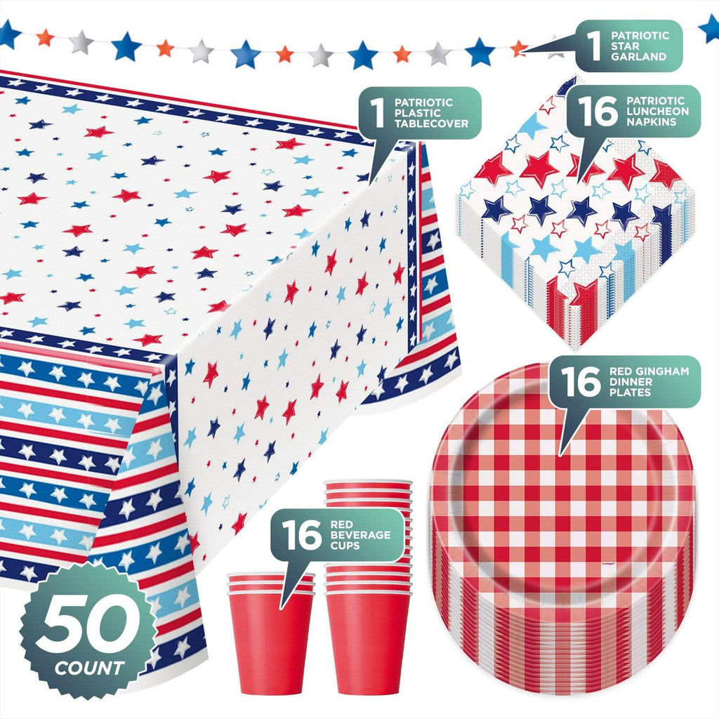 Patriotic Picnic Red Gingham Stars & Stripes Party Pack - Paper Dinner Plates, Napkins, Cups, Table Cover, and Banner Garland (Serves 16) party supplies