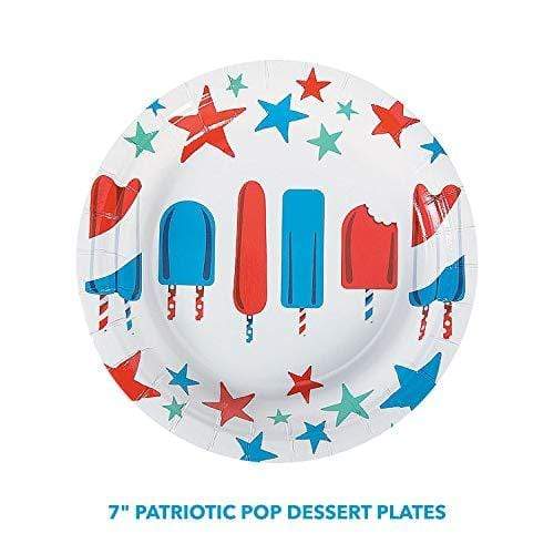 Patriotic Pop Garland, Paper Plates, Napkins Set - American Red White and Blue Banner and Tableware for 4th of July, Memorial Day, and Veterans Day Decorations (Serves 16) party supplies