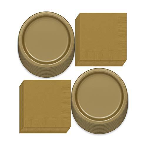 Solid Gold Colored Paper Dinner Plates and Luncheon Napkins, Gold Party Supplies and Table Decorations (Serves 16) party supplies