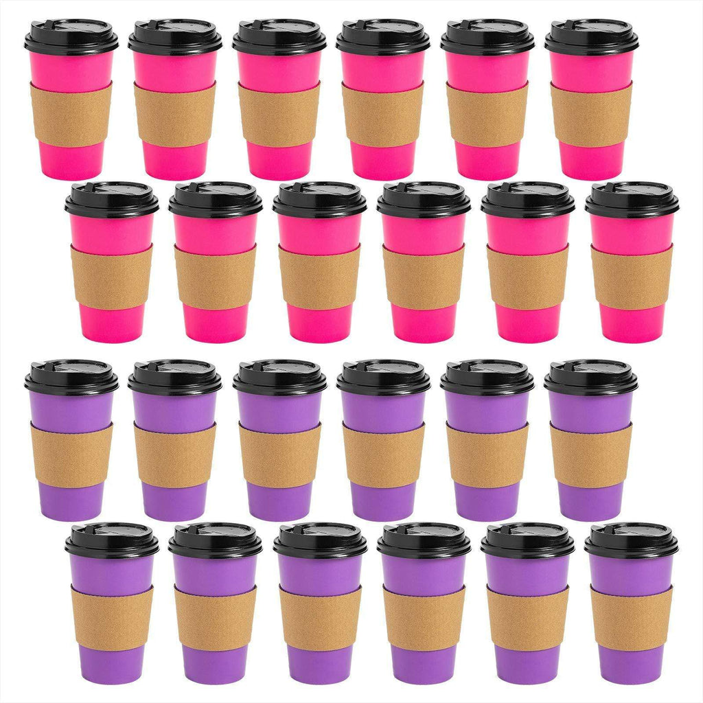 Solid Pink and Purple 16 oz Disposable Coffee Cups with Blank Kraft Sleeves (Serves 24) party supplies