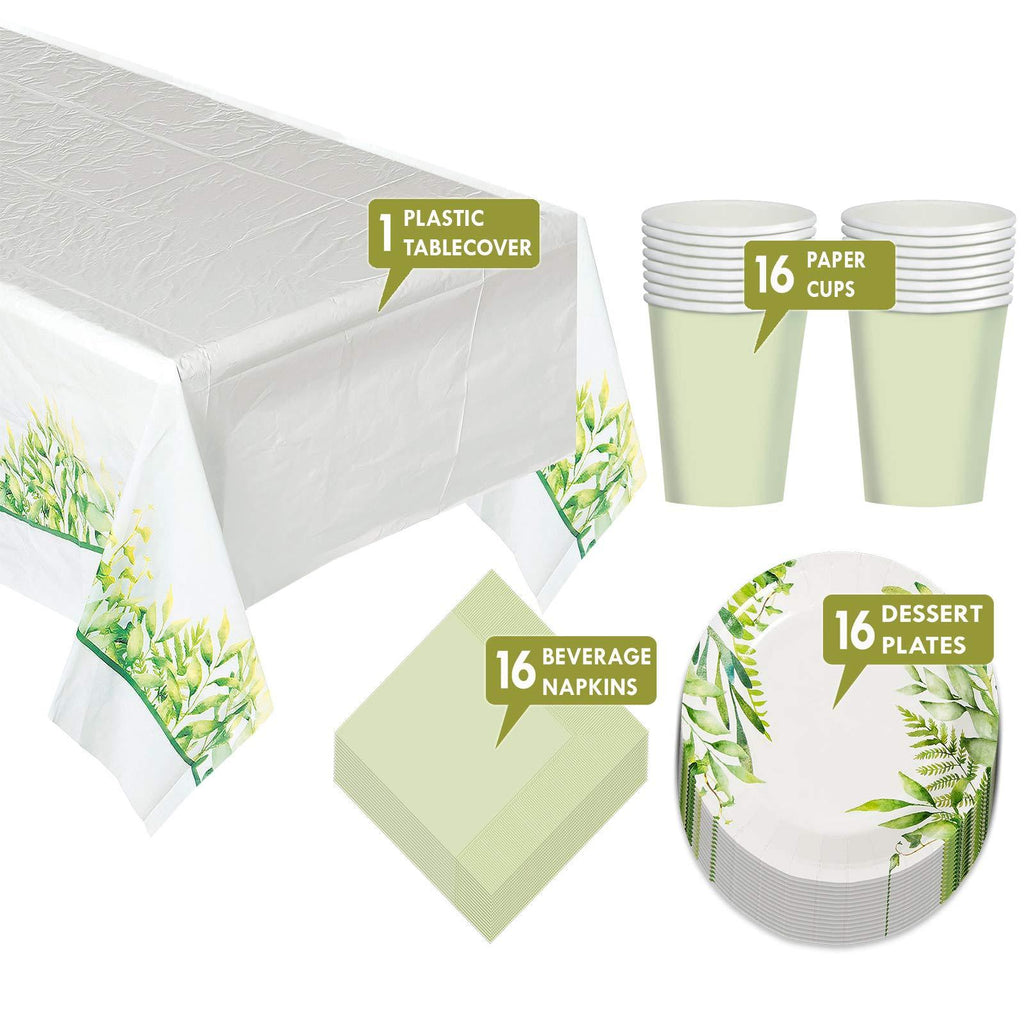 Spring Greenery Party Pack - Paper Dessert Plates, Beverage Napkins, Cups, and Table Cover Set (Serves 16) party supplies