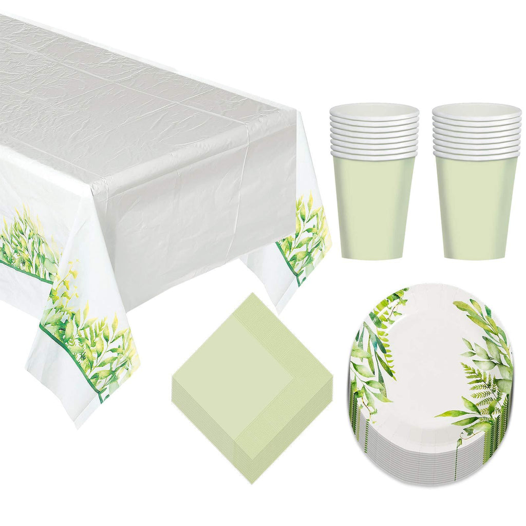 Spring Greenery Party Pack - Paper Dessert Plates, Beverage Napkins, Cups, and Table Cover Set (Serves 16) party supplies
