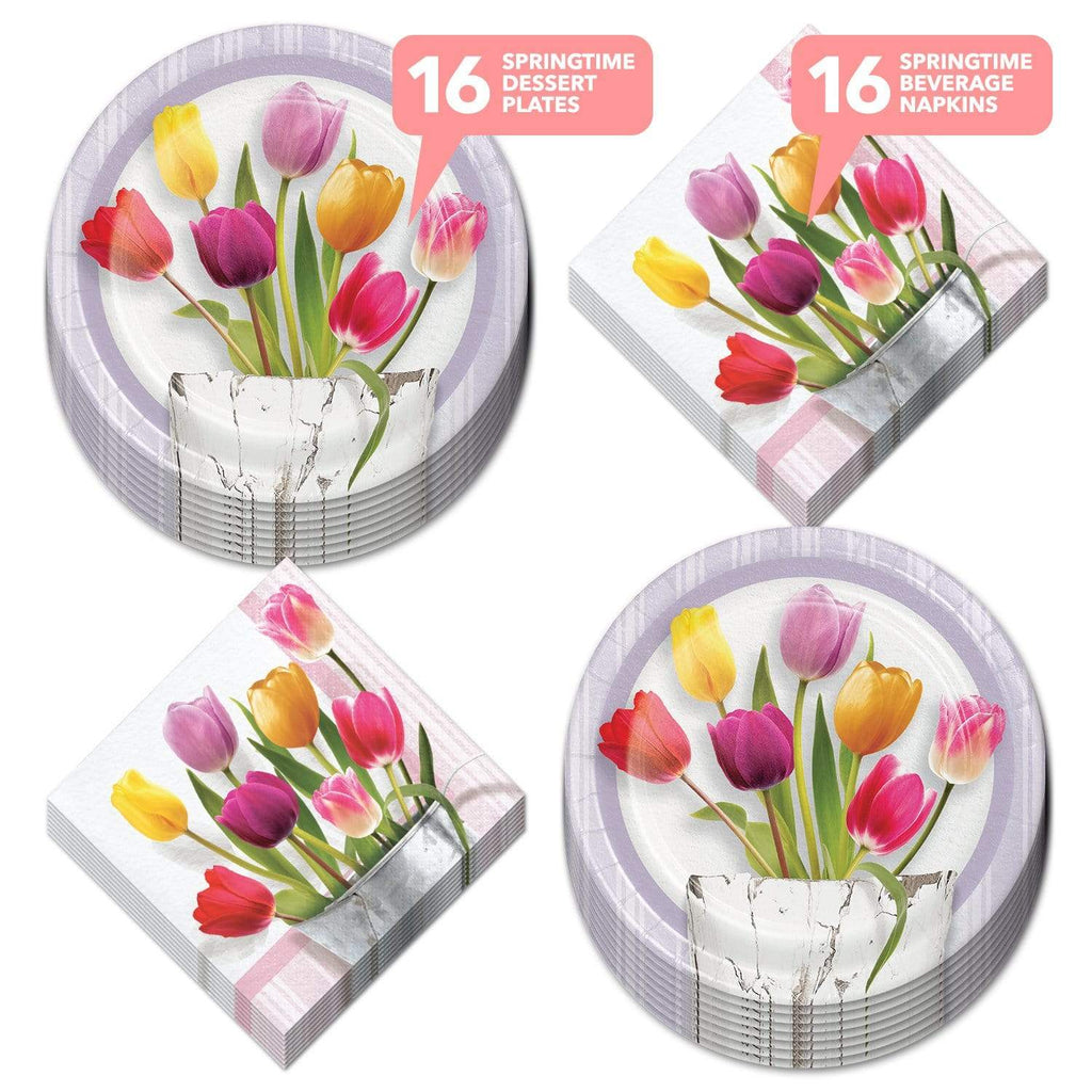 Spring Tulips Watering Can Paper Dessert Plates and Beverage Napkins (Serves 16) party supplies