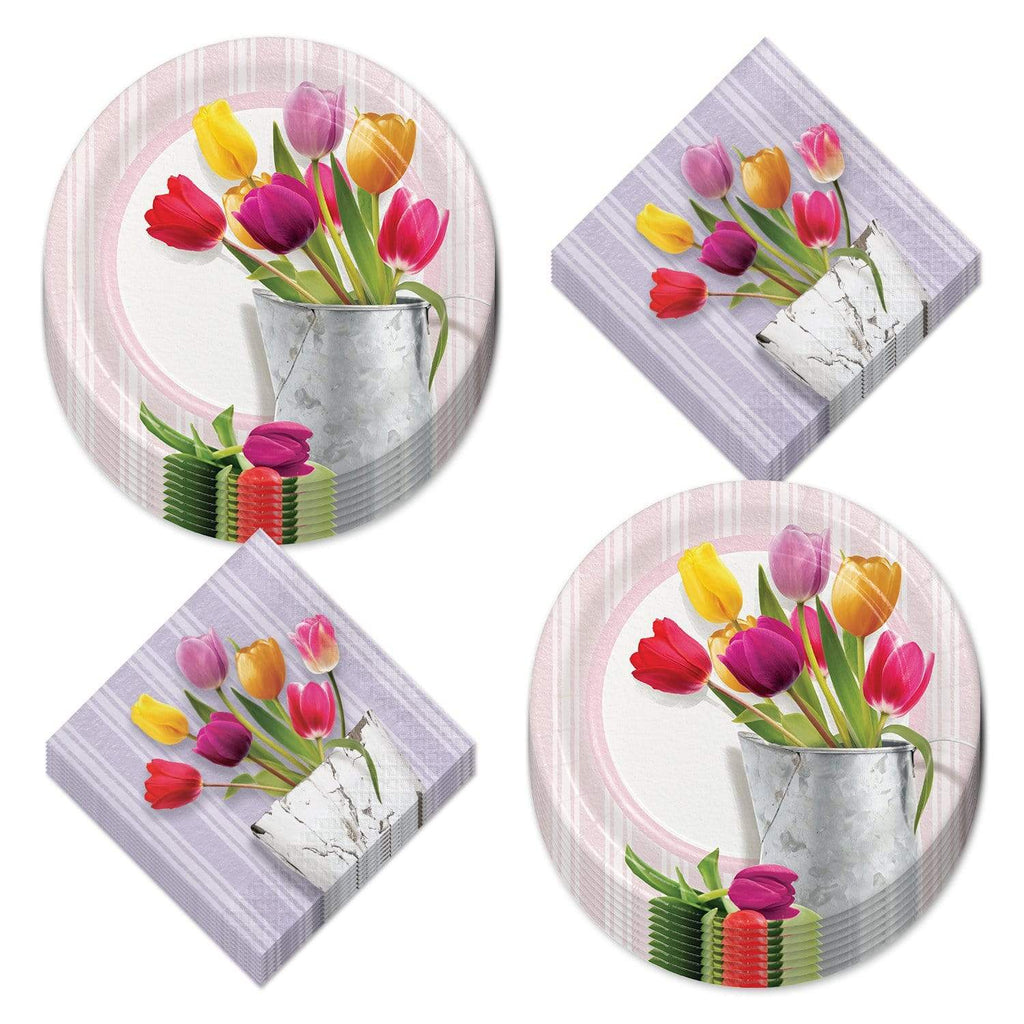Spring Tulips Watering Can Paper Dinner Plates and Luncheon Napkins (Serves 16) party supplies