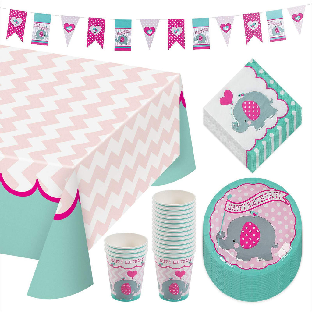 Teal & Pink Elephant Birthday Party Pack - Paper Dessert Plates, Napkins, Cups, Table Cover, and Garland Set (Serves 16) party supplies