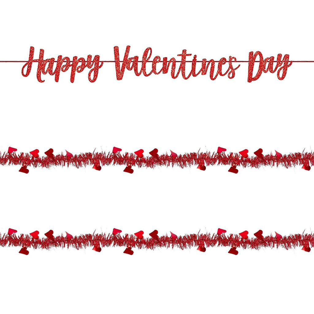 Valentine Party Decorations Set (3 Pieces) - Includes 2 Red Heart Tinsel Garlands & 1 Glittery Happy Valentines Day Letter Banner party supplies