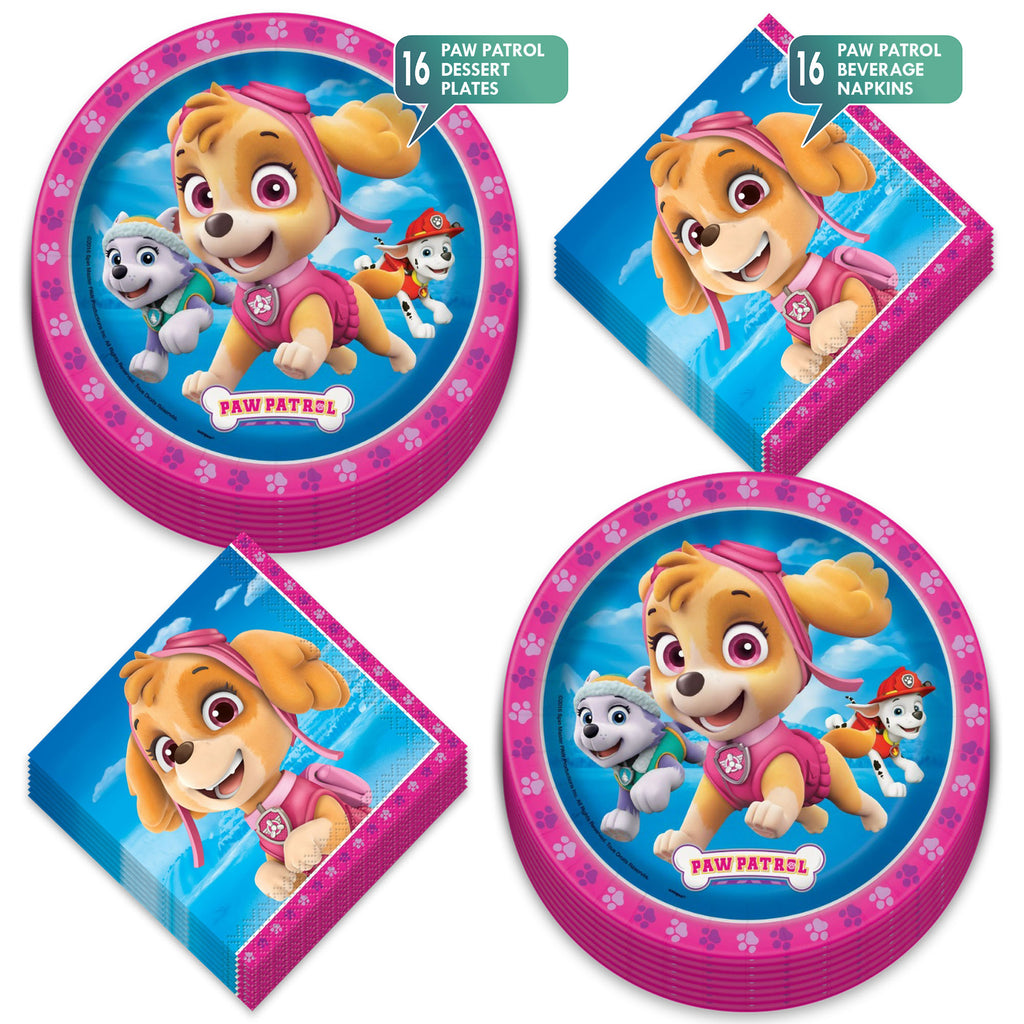 Pink Paw Patrol Theme Birthday Party Paper Dessert Plates and Beverage Napkins