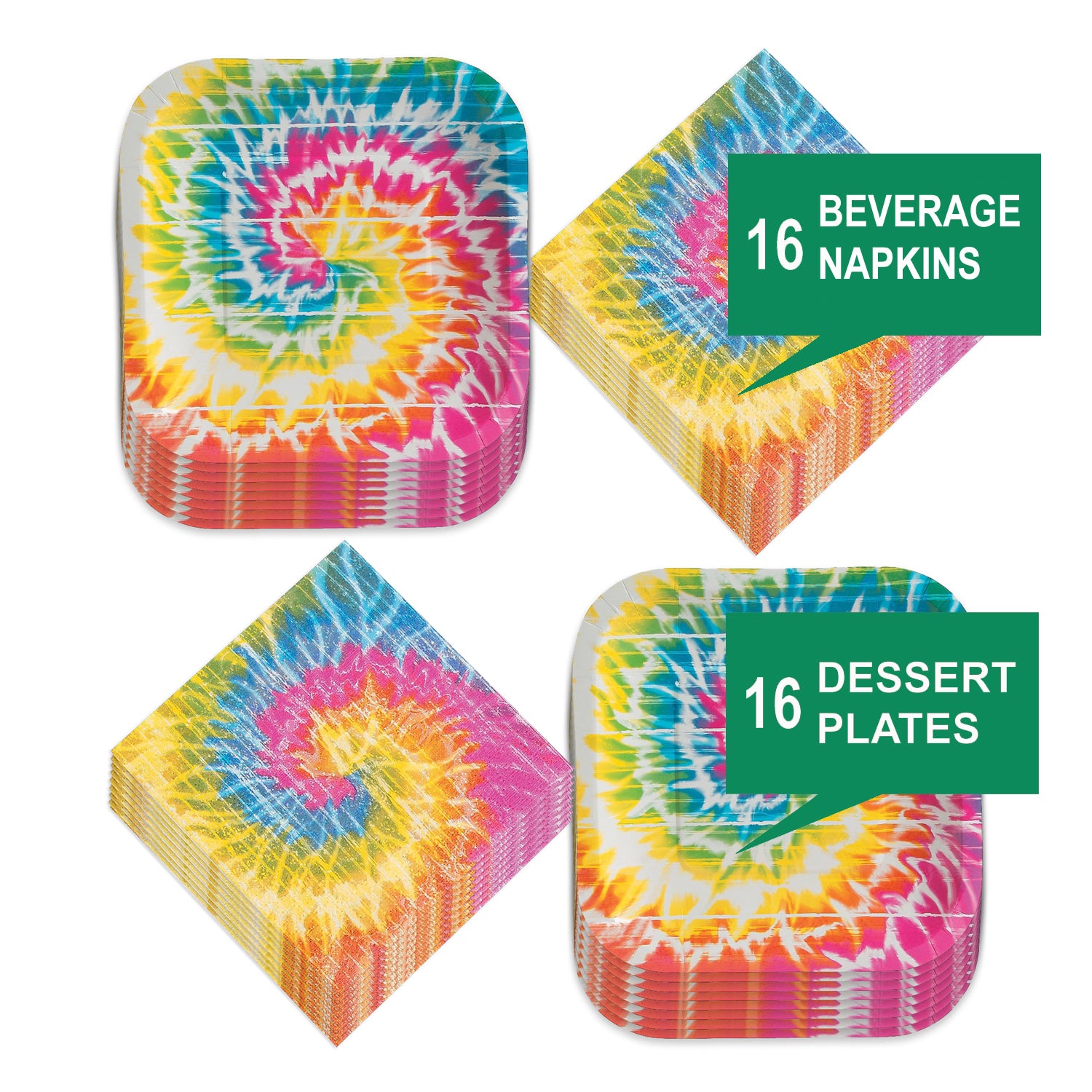 Tie Dye Rainbow Paper Dessert Plates and Beverage Napkins - Beach Bum, 60's Decades, and Hippie Theme Party Supplies (Serves 16)