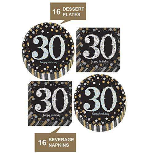 30th Birthday Metallic Silver and Gold Dot  Dessert Plates and Luncheon Napkins party supplies