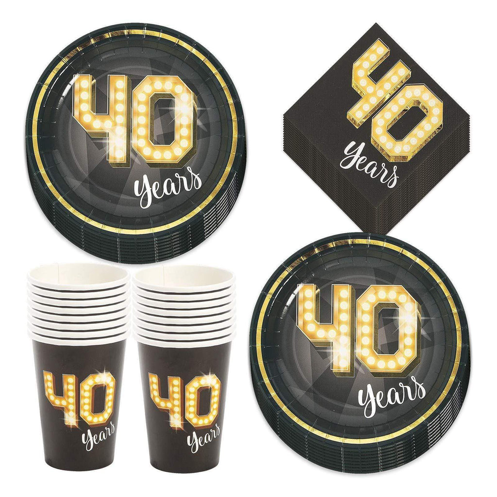 40th Birthday Party Milestone Black and Gold Showtime Paper Dinner Plates, Napkins, and Cups (Serves 16) party supplies