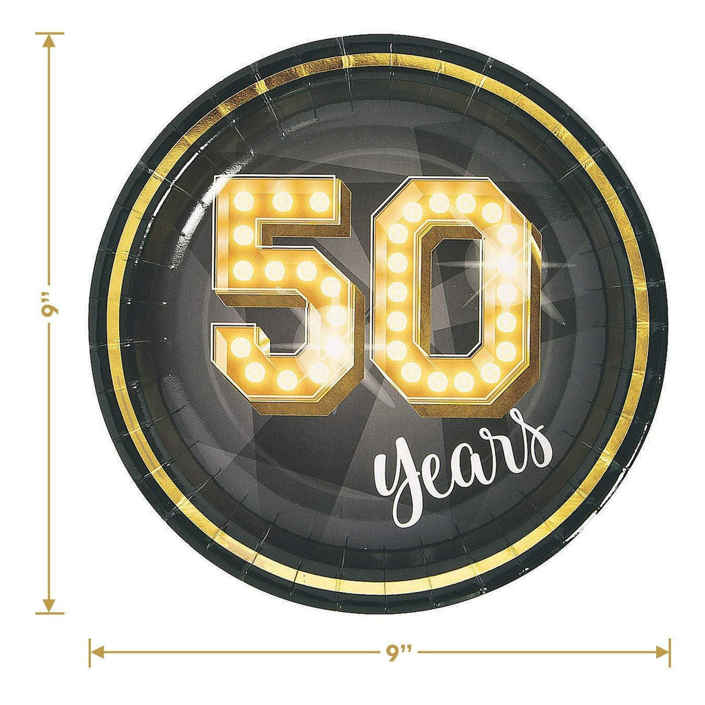 50th Birthday Party Milestone Black and Gold Showtime Paper Dinner Plates, Napkins, and Cups (Serves 16) party supplies