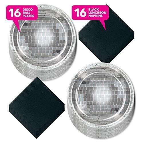 70s Disco Party Supplies - Silver Disco Ball Paper Dinner Plates with Mutli-Color Disco Lunch Napkins (Serves 16) party supplies