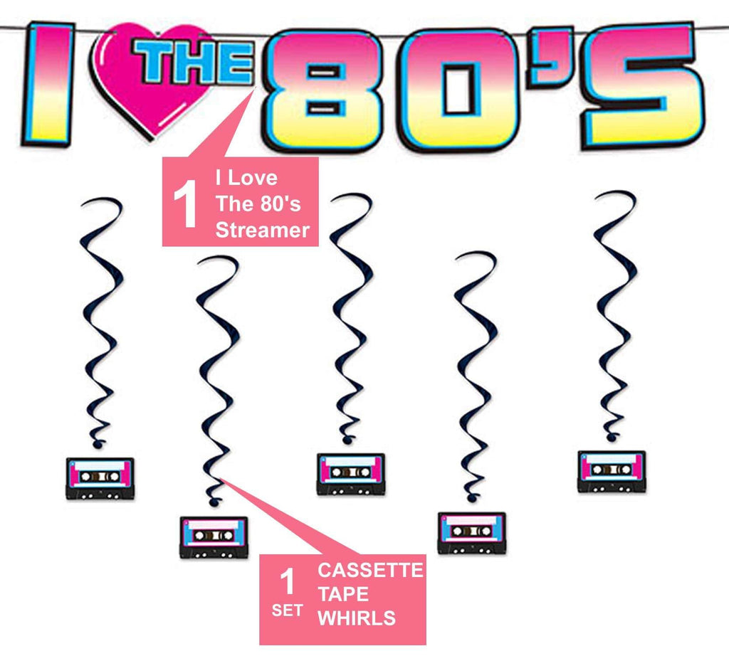 80's Party Decorations - I Love The 80's Streamer Garland and Cassette Tape Hanging Whirls Decorations party supplies