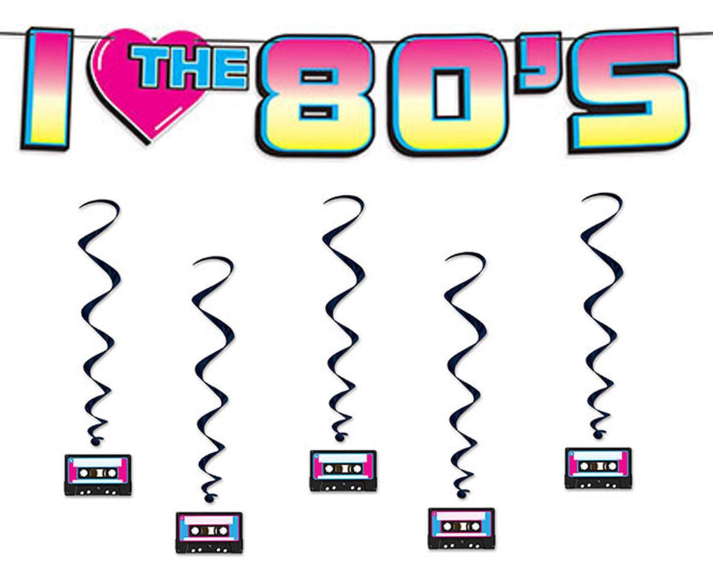 80's Party Decorations - I Love The 80's Streamer Garland and Cassette Tape Hanging Whirls Decorations party supplies