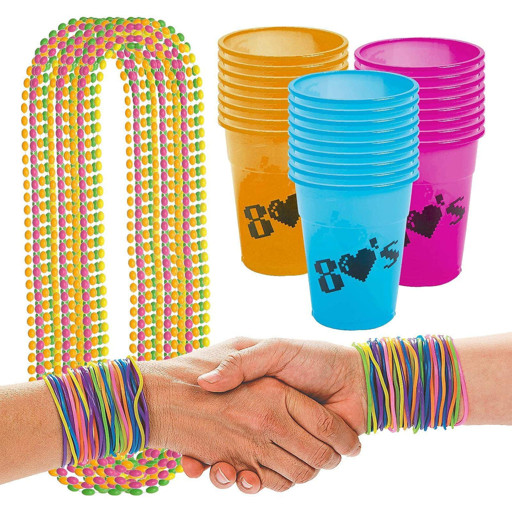 80's Party Favors - Plastic Beverage Cups, Neon Bead Necklaces, and Jelly Bracelets for 24 Guests party supplies