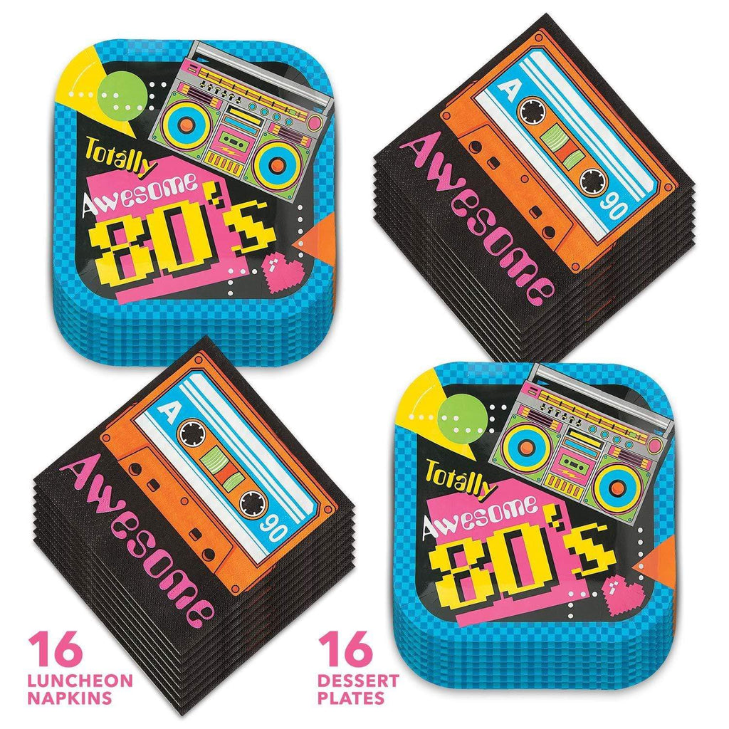 80s Party Dessert Plates and Napkins - Totally Awesome Throwback Theme (Serves 16) party supplies