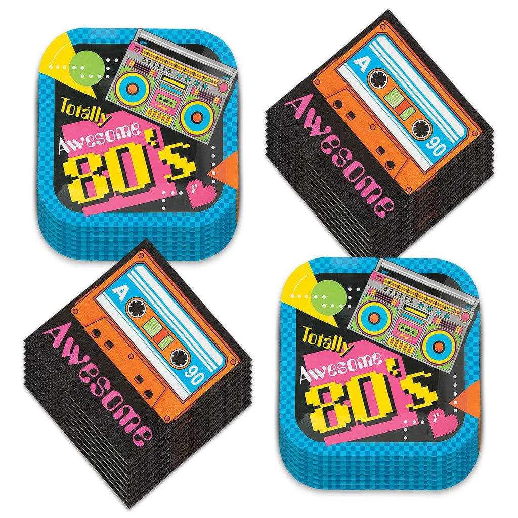 80s Party Dessert Plates and Napkins - Totally Awesome Throwback Theme (Serves 16) party supplies