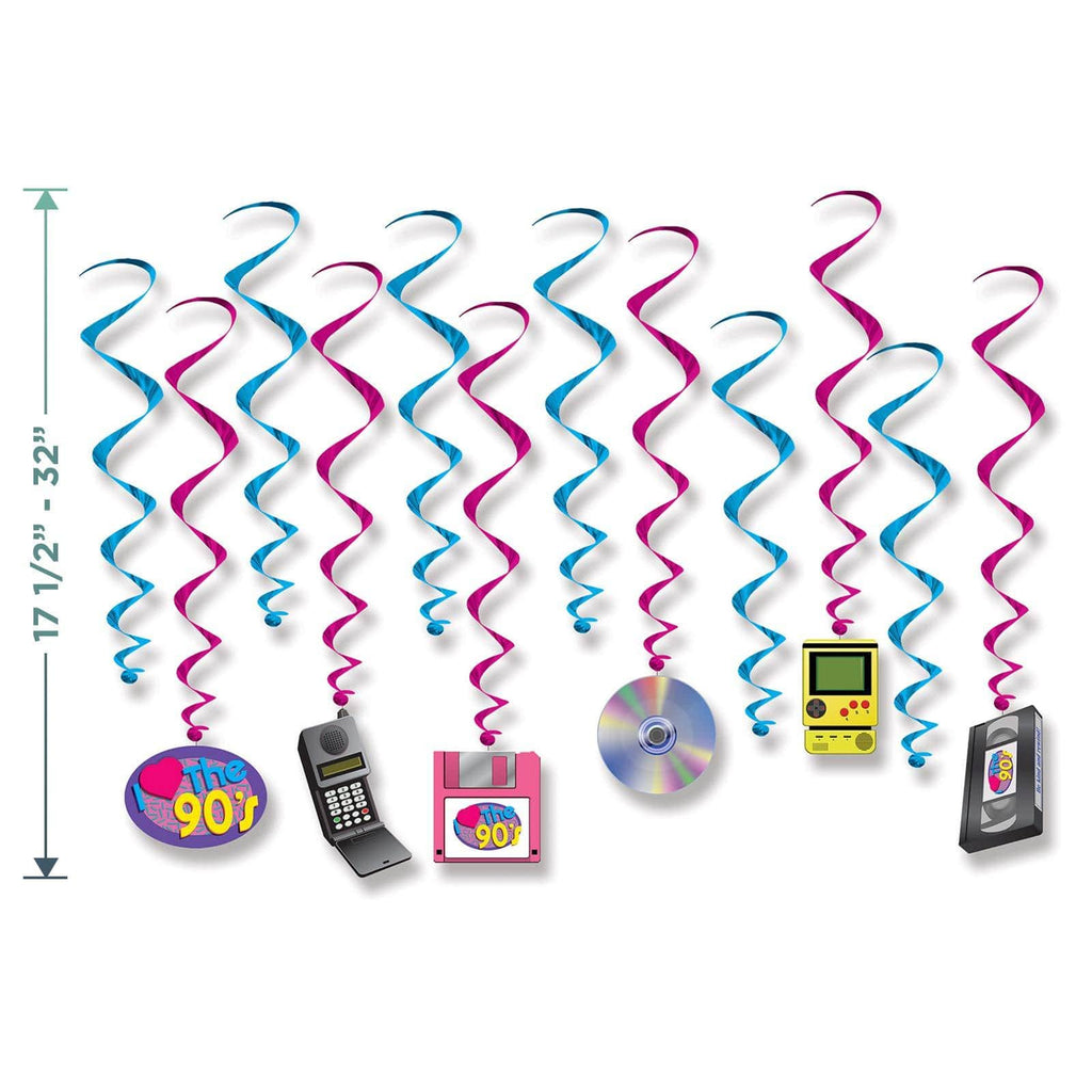 90's Party"I Love The 90's" Banner Garland and Hanging Whirls Set party supplies