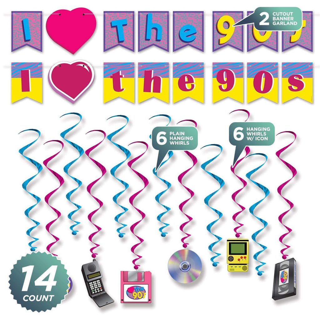 90's Party"I Love The 90's" Banner Garland and Hanging Whirls Set party supplies