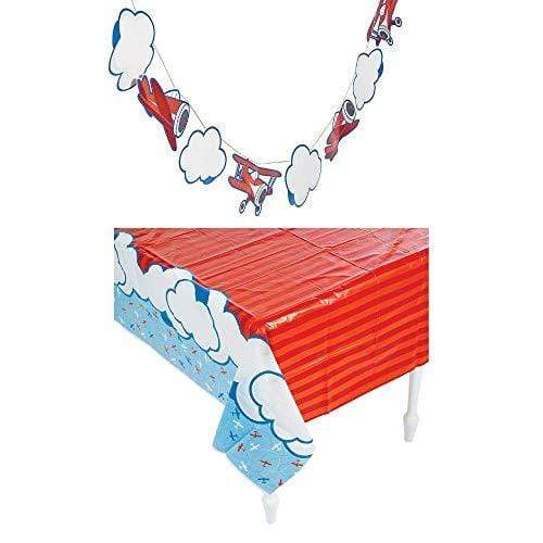Airplane Party Tablecloth and Garland Set - Decorations for 1st Birthday, Toddler, or Preschool Parties (Set of 2) party supplies