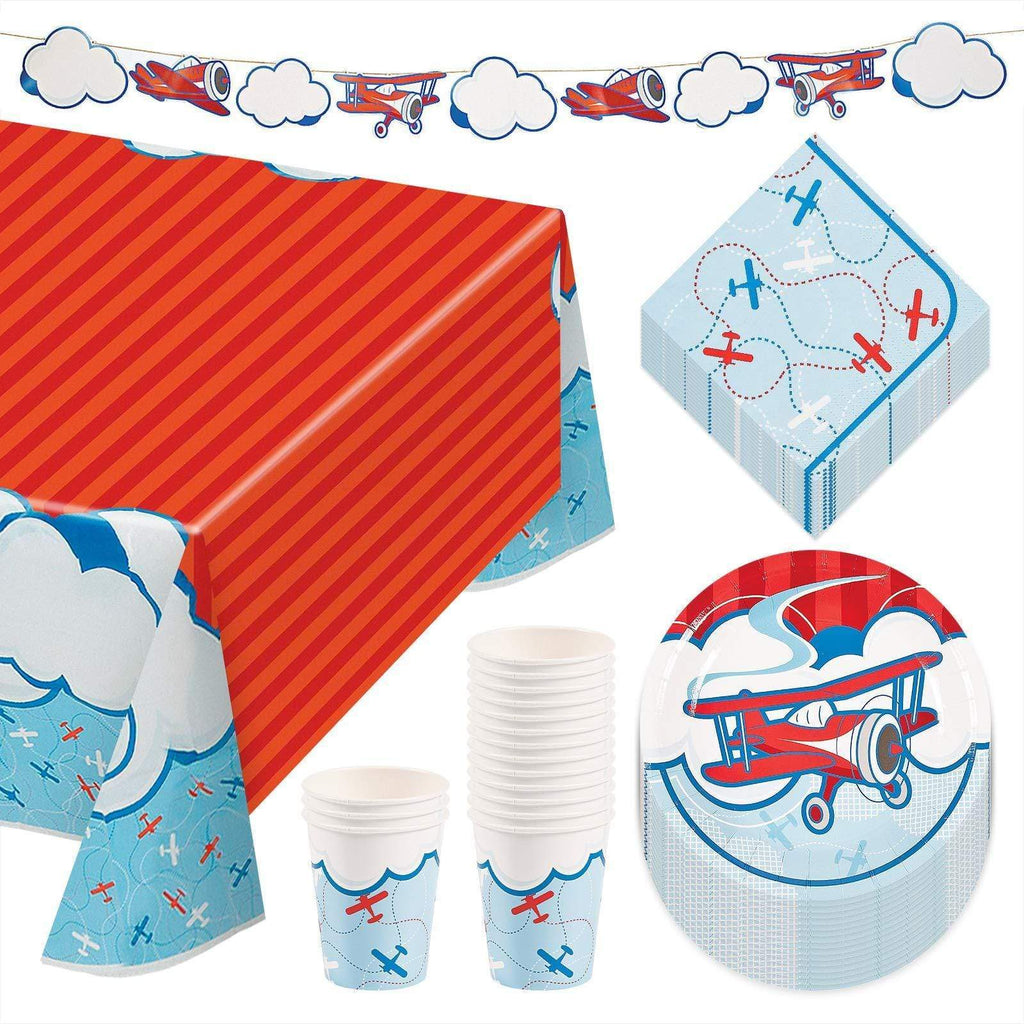 Airplane Party Up, Up, and Away Party Pack - Paper Dessert Plates, Napkins, Cups, Table Cover, and Garland Set (Serves 16) party supplies