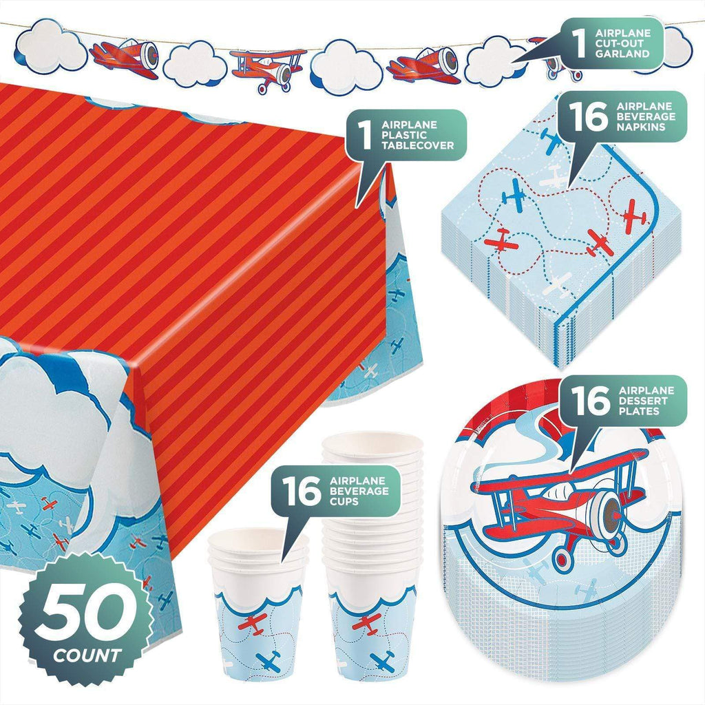 Airplane Party Up, Up, and Away Party Pack - Paper Dessert Plates, Napkins, Cups, Table Cover, and Garland Set (Serves 16) party supplies