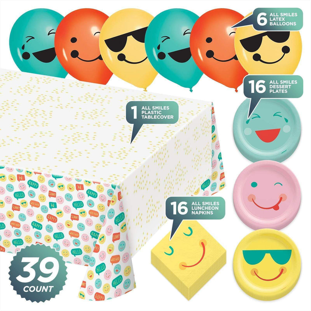 All Smiles Retro Emoji Party Pack - Paper Dessert Plates, Napkins, Table Cover, and Ballooon Set (Serves 16) party supplies